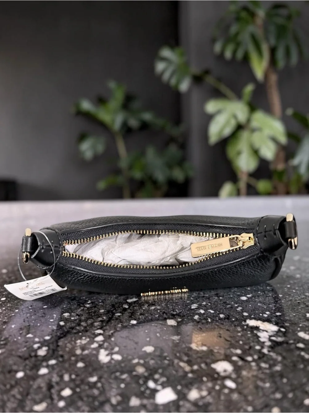 Michael Kors Black Pebbled Mini Crescent Shoulder Bag with Gold Hardware